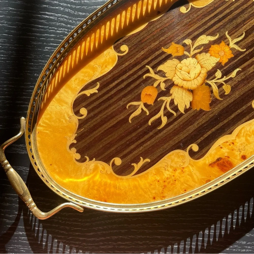 Monumental Italian Marquetry Inlay Serving Tray Oval from Jerusalem